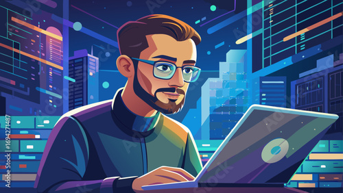Close-up portrait of male developer typing on laptop. Isolated background highlights focus, innovation, and the digital craft of coding.