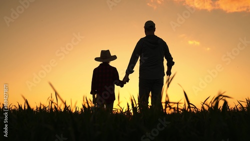Fotografie Kid boy dad walking hand in hand on sprouts field, silhouette