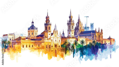 Seville Cathedral and La Giralda. Seville Cathedral and La Giralda watercolor vector illustration