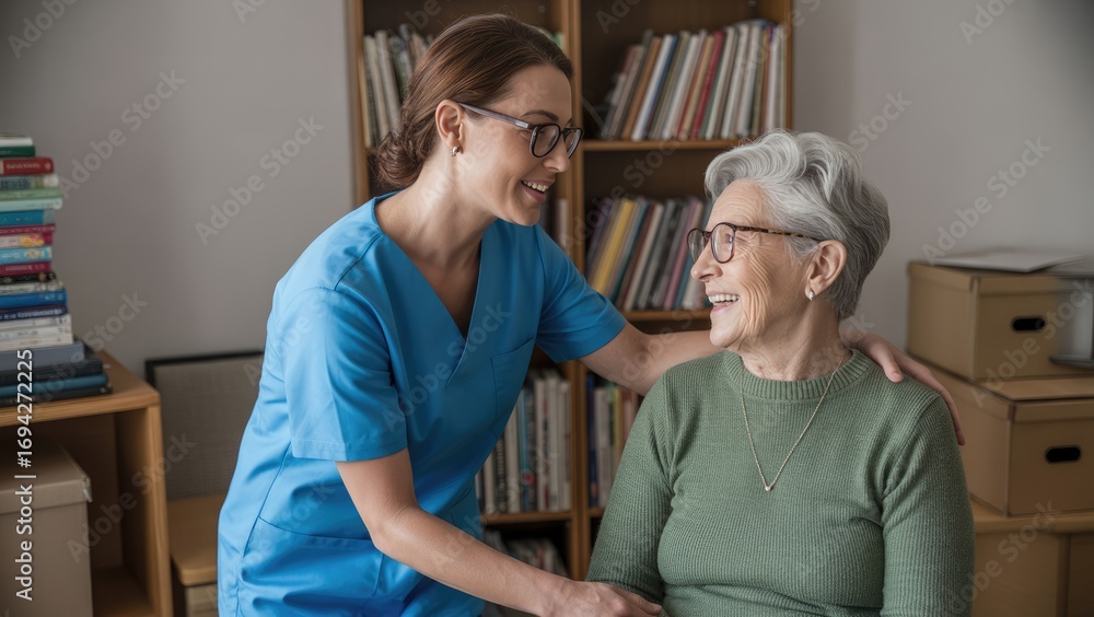 Obraz premium A smiling caregiver in blue scrubs places a hand on an elderly woman's shoulder in a room with bookshelves 4k full hd 2025 2026 download