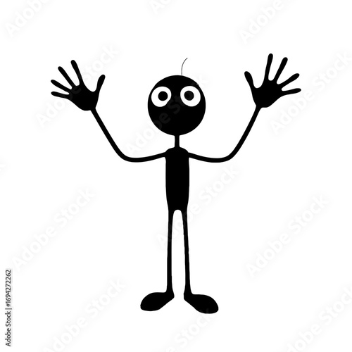 Whimsical stick figure character with wide arms raised in joyful celebration or enthusiastic greeting, perfect for playful design projects and dynamic branding.