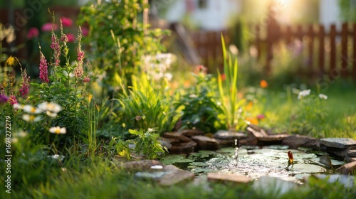 Peaceful Garden Pond with Blooming Flowers and Green Foliage in Sunny Outdoor Setting