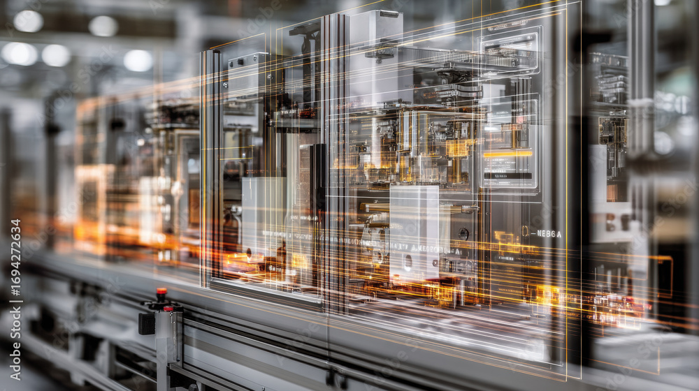 Naklejka premium A photorealistic portrait of a complex machine on an industrial shop floor with a stylistic 
