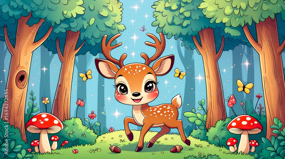 Obraz premium Cartoon deer on antlers standing on a white background illustration image