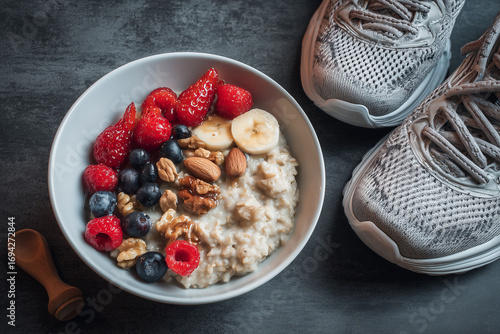 Healthy Oatmeal Breakfast with Fruits Nuts and Honey Next to Running Shoes