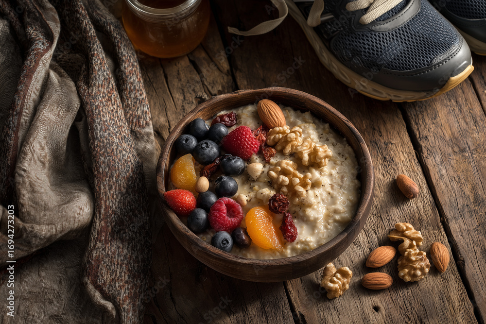 Fototapeta premium Healthy Oatmeal Breakfast with Fruits Nuts and Honey Next to Running Shoes