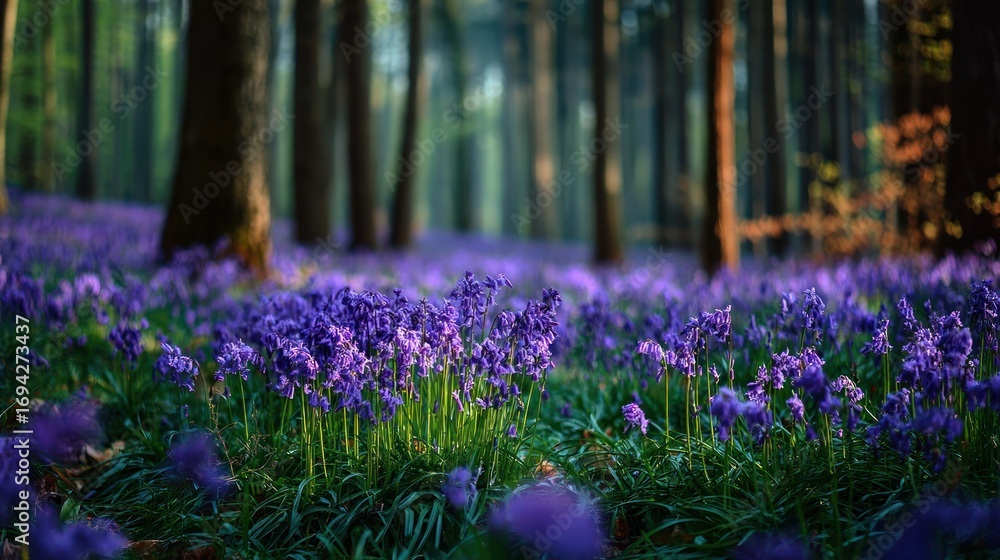 Obraz premium Purple flowers in forest sunlight