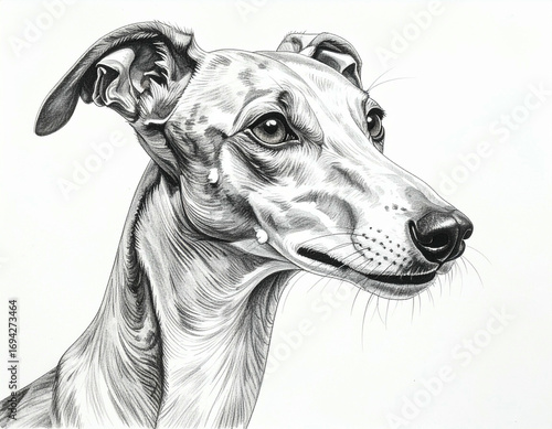 A detailed pencil sketch of a graceful whippet dog, head and shoulders, showing subtle shading and texture.