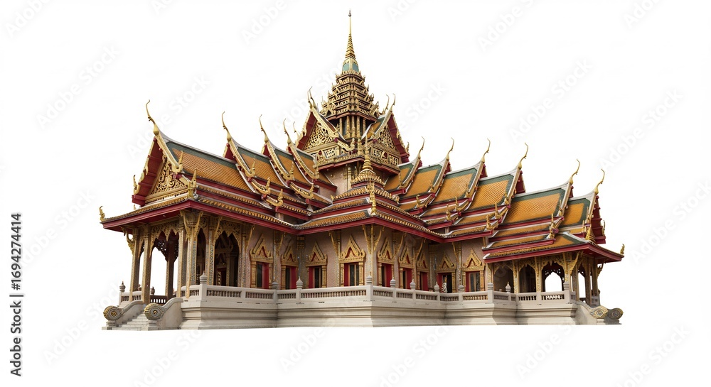 Naklejka premium 黄金輝く寺院 美しい建築 伝統的様式 精緻な彫刻 穏やかな光. AI Generated