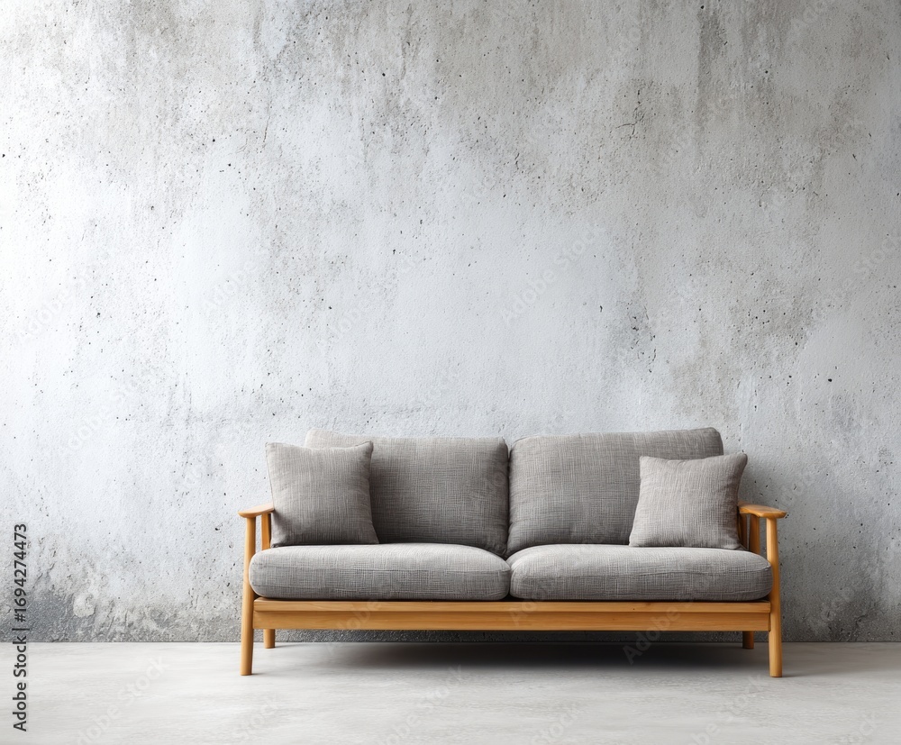 Fototapeta premium A light-gray sofa with wooden frame sits in front of a textured concrete wall, creating a simple and modern living room scene.