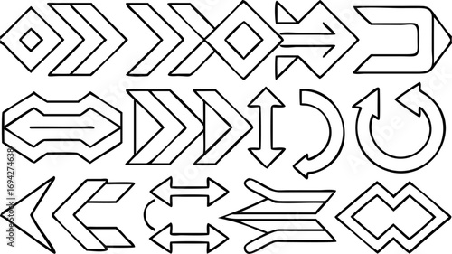 Collection of various arrow designs with different shapes and orientations in a black outline style