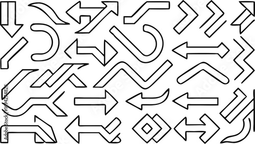 Illustration of various arrow designs pointing in different directions and orientations on white background