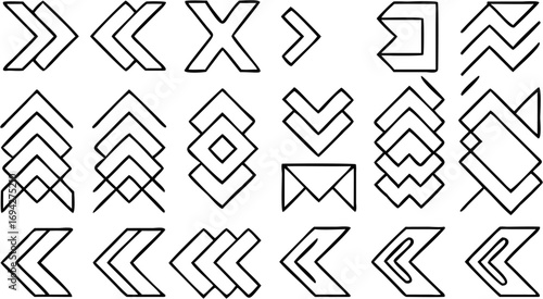 Collection of abstract geometric shapes and patterns featuring angular designs and line art elements