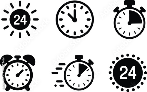 Variety of Black and White Time Related Icons Depicting 24 Hour Service a Clock Stopwatch and a Traditional Alarm