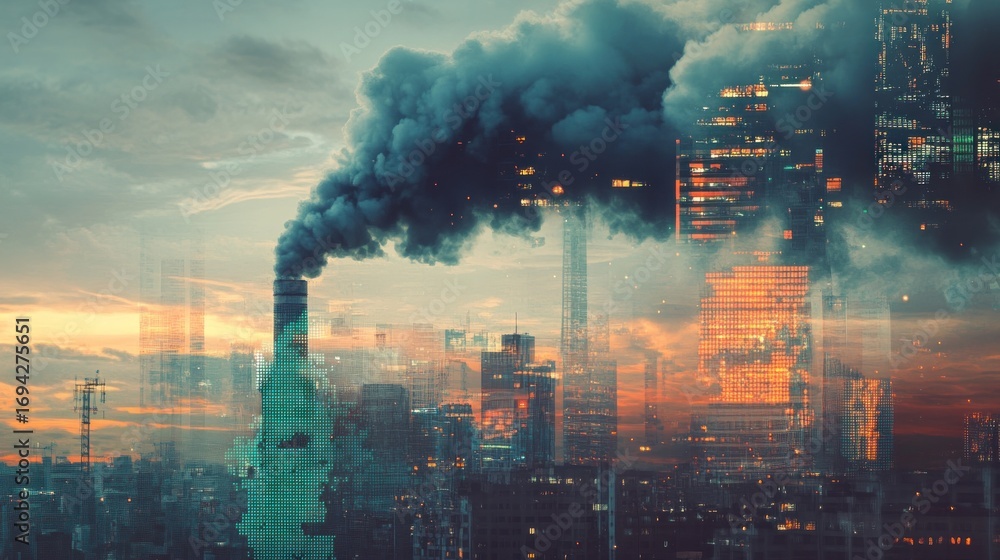 Fototapeta premium Industrial city skyline shrouded in dark smoke pollution.