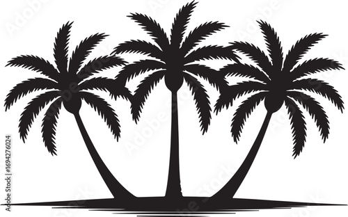 Three palm trees black silhouette against white tropical