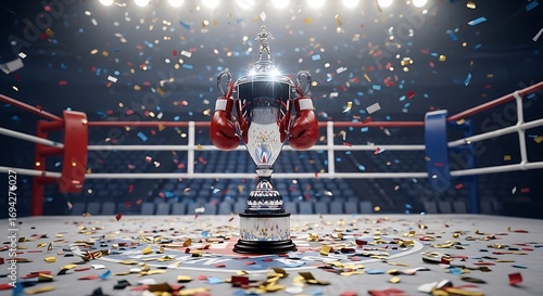 A gleaming trophy, resting in a boxing ring, is surrounded by confetti, signifying a victory.