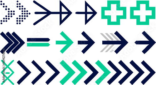 Collection of different arrow designs in shades of blue and green on a white isolated background