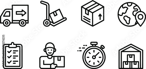 Delivery and Logistics Icons Depicting Transportation Shipping and Storage Solutions Worldwide Package Handling and Efficient Time Management for Success