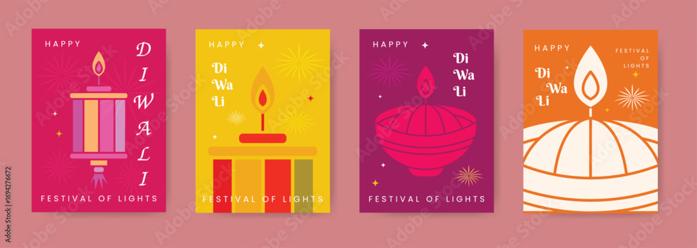Naklejka premium Happy Diwali Festival. Vector Illustration of Diwali greeting cards with diya, traditional lanterns and vibrant colors. Perfect for poster, card, flyer, cover etc