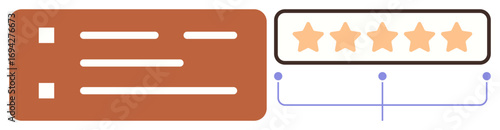Rating scale with five stars and detailed checklist representing feedback collection, quality assessment, and customer satisfaction. Ideal for research, analytics, performance, success, choice