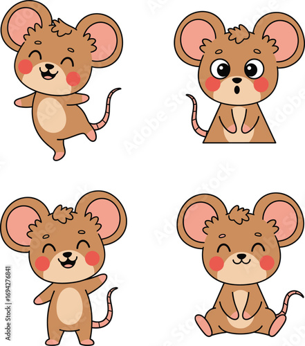 Cartoon mouse character vector illustration showing playful, surprised, cheerful, and relaxed poses with expressive emotions and storytelling design elements