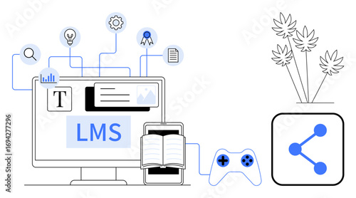 Computer screen with LMS, open book, gaming controller, connectivity icon, cannabis plant. Ideal for education, technology, e-learning, accessibility online gaming creativity simple landing page
