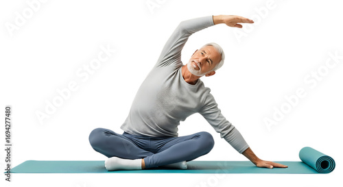 Senior man stretching isolated on transparent background