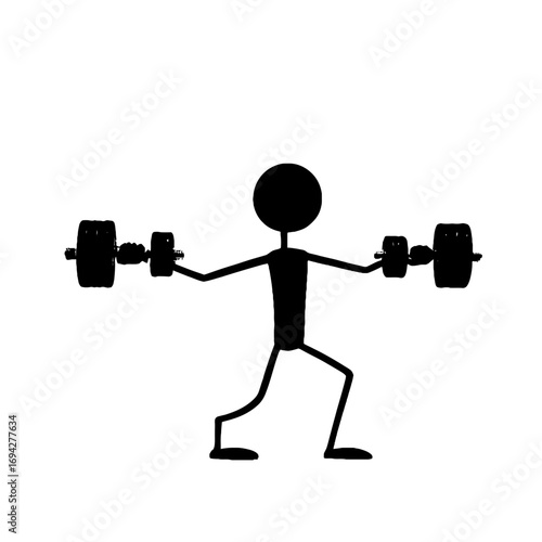 Energetic stick figure actively lifting dumbbells, showcasing strength, fitness, and dedication in a dynamic workout pose, perfect for health and wellness campaigns