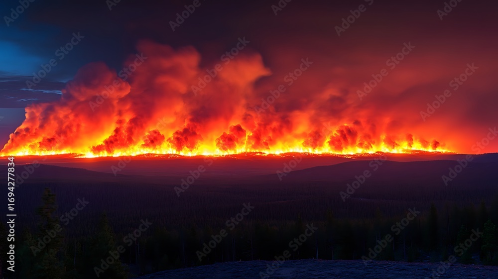 Fototapeta premium A terrifying wall of flames from a large-scale wildfire burns across the horizon at night