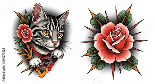 Cat and Rose Tattoo Designs.