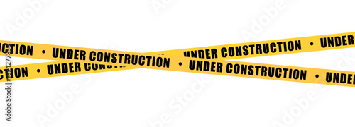 Under construction yellow warning tape safety stripe. Caution barrier stripe for safety zone, blocked area, website page, road work, site maintenance, redesign progress. Vector illustration.