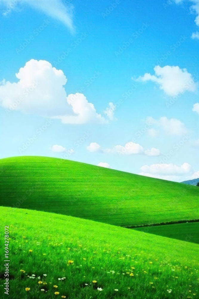 Fototapeta premium Serene landscape featuring a gently sloping hill, lush green grass, and a tranquil, clear blue sky Perfect for themes of calmness, peace, and natural beauty , habitat, ecology