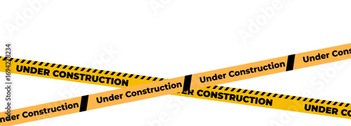 Under construction sign with yellow warning tape safety stripe. Caution barrier stripe for safety zone, blocked area, website page, road work, site maintenance, redesign progress. Vector illustration.
