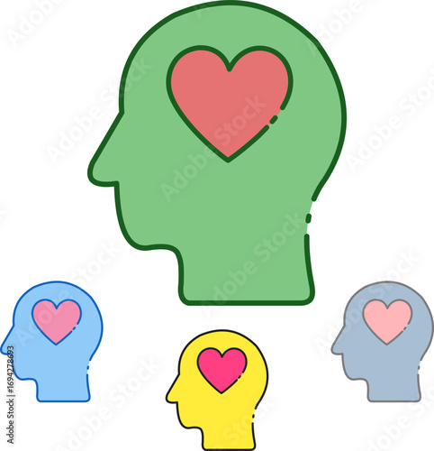 Flat vector illustration of human head with heart symbol, representing mental health, empathy, self care, psychology, wellness, therapy, compassion, and emotional well-being