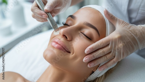 Woman with closed eyes receiving facial treatment with a tool 4k full hd 2025 2026 download face beauty