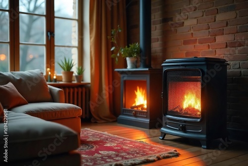 Cozy living room with a space heater providing warmth during the colder months Perfect for autumn or winter home interior scenes , device, residential