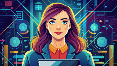 Close-up portrait of female software engineer holding tablet. Isolated background reflects modern creativity, determination, and technological progress.