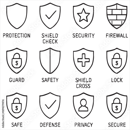 Shield icon pack. Minimal thin line web icons set. Vector illustration. Privacy icon set. Featuring protection, guard, safety, security, firewall, safe, defense and more vector