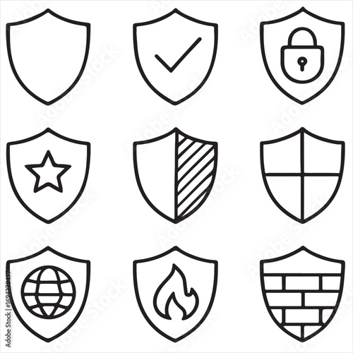 Shield icon pack. Minimal thin line web icons set. Vector illustration. Privacy icon set. Featuring protection, guard, safety, security, firewall, safe, defense and more vector