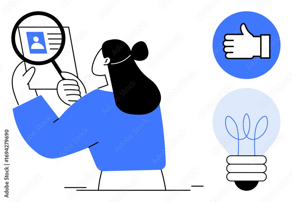custom made wallpaper toronto digitalWoman inspecting document with magnifying glass, beside icons of thumbs up and lightbulb. Ideal for analysis, approval, ideas, research, data review, decision-making, simple landing page