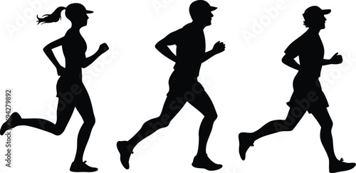 Running man and woman silhouettes vector set illustration. Male and female runners figure shapes vector.