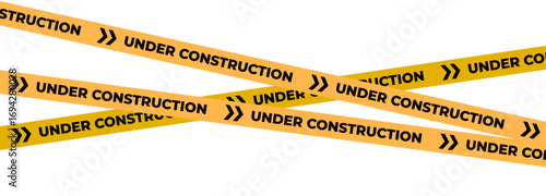 Under construction yellow warning tape safety stripe. Caution barrier stripe for safety zone, blocked area, website page, road work, site maintenance, redesign progress. Vector illustration.