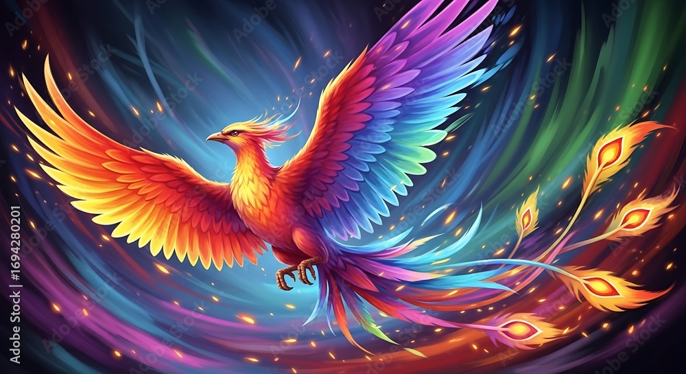 Obraz premium Rainbow Phoenix in Flight.