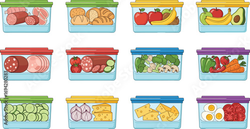 Set of Twelve Food Storage Containers with Colorful Lids Featuring Vegetables, Fruits, Cold Cuts, Cheese, Eggs, and Preserved Items