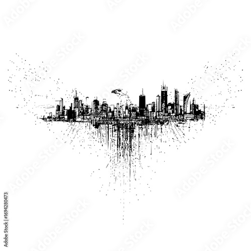 Black and white sketch of a city skyline with an eagle flying above and splatter effects on the sides