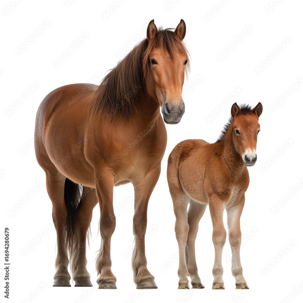 Fototapeta premium A majestic mare and her adorable foal stand side-by-side, a tender moment showcasing the bond between mother and offspring in this endearing family portrait. 