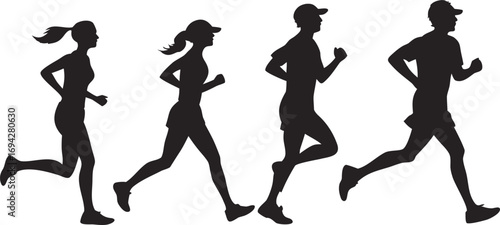 Running man and woman silhouettes vector set illustration. Male and female runners figure shapes vector.