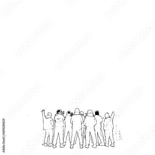 A black and white sketch of a crowd of people with their backs turned to the viewer standing together