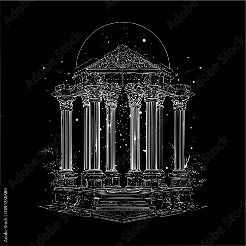 White line art of a classical temple with columns and stairs on a black background with star details